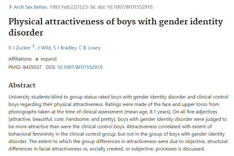 Screenshot of the abstract for Zucker's study on the attractiveness of transgender children.
